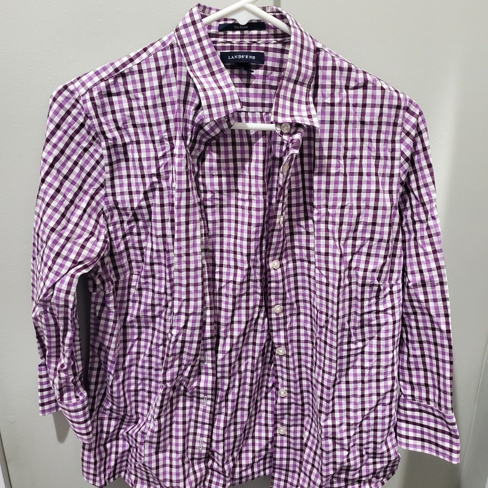LAND’S END boys Button Up Dress Shirt size 8 small Purple White Check